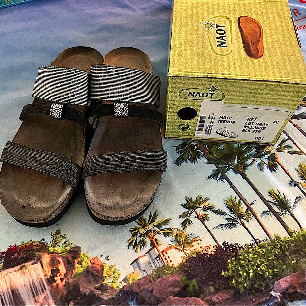 Naot Black & Gray Brenda Slip-on Slide Sandals with Cork Insole & Arch Support